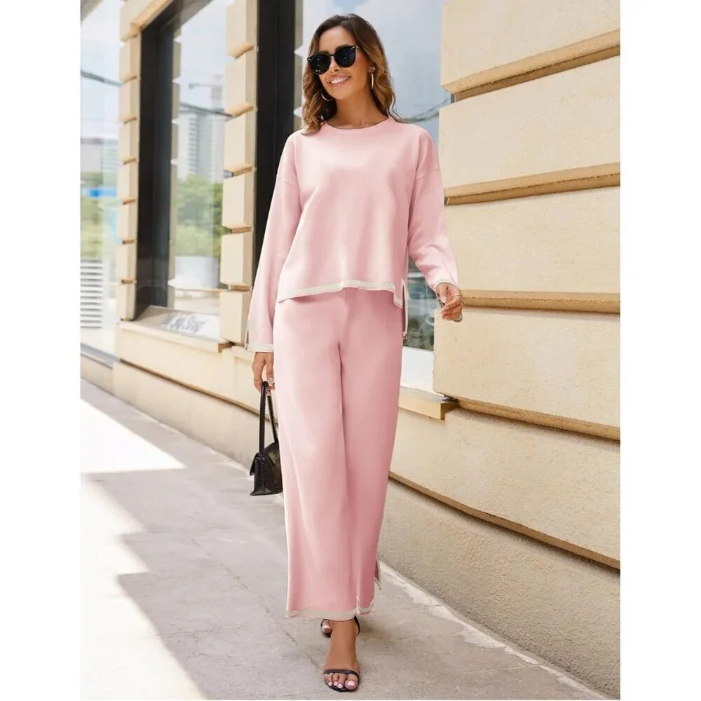Women's Pink Long Sleeve Knit Sweater Top & Wide Leg Pants Lounge Set